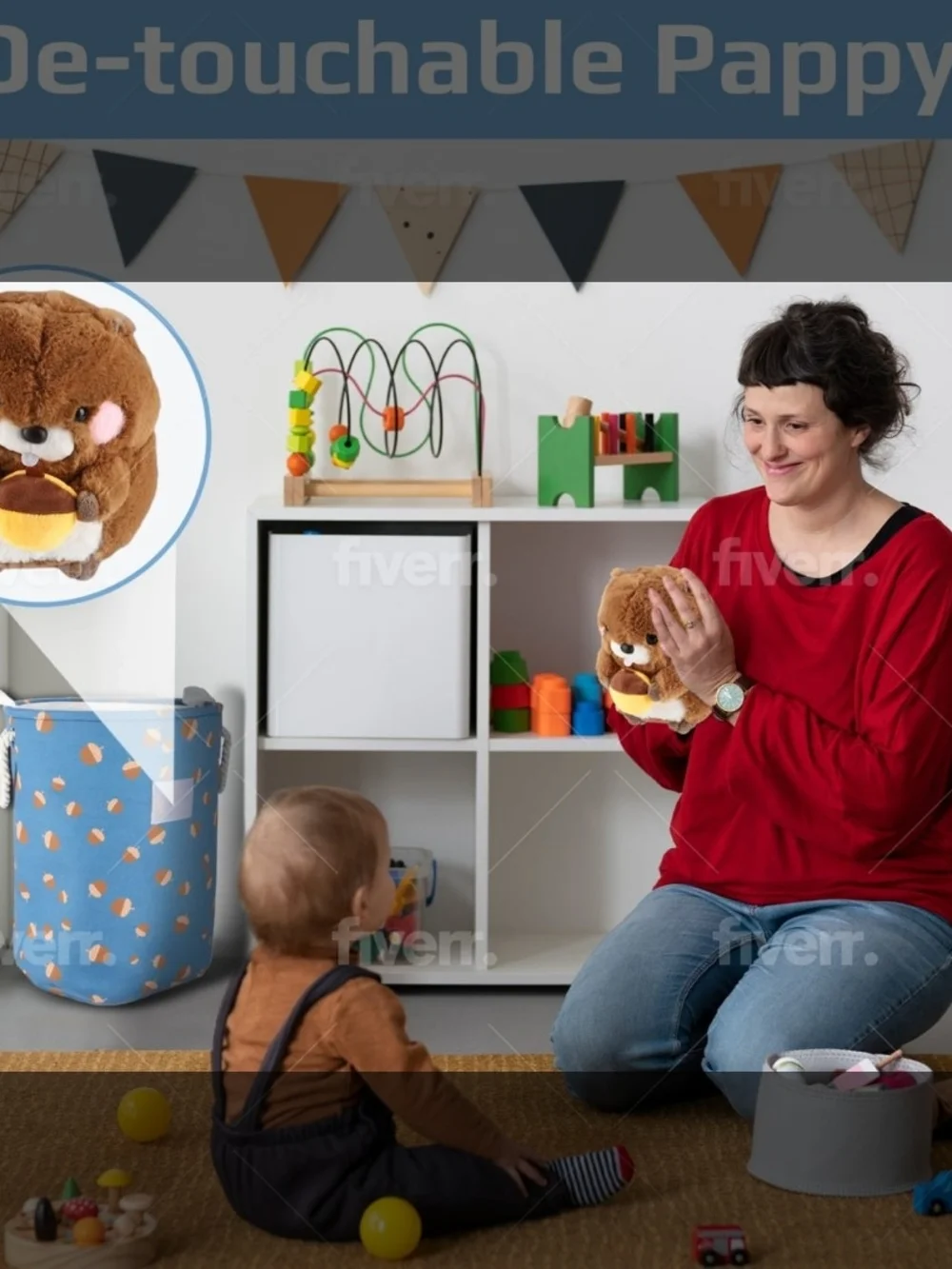 Plush-attached Blue Kids Hamper Basket